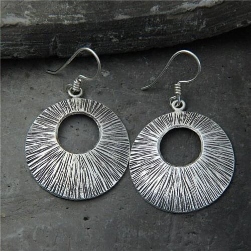 Real S925 Sterling Silver Retro Round Hand Drawn Silver Earrings For Women Exquisite Commemorative Gift Jewelry