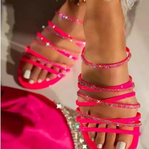 Rhinestone Fashion Womens Shoes Summer Breathable Cross Band Ladies Party Slides Flat Outside Wear Female Flip Flops Slippers