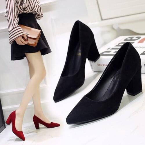 Square Heel Single Shoes Korean Pointed Suede High Heels Black Professional Work Shoes Simple Fashion Pumps Elegant Womens Shoes