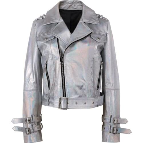YOLOAgain High Quality Women Ladies Shiny Sliver Genuine Leather Jacket