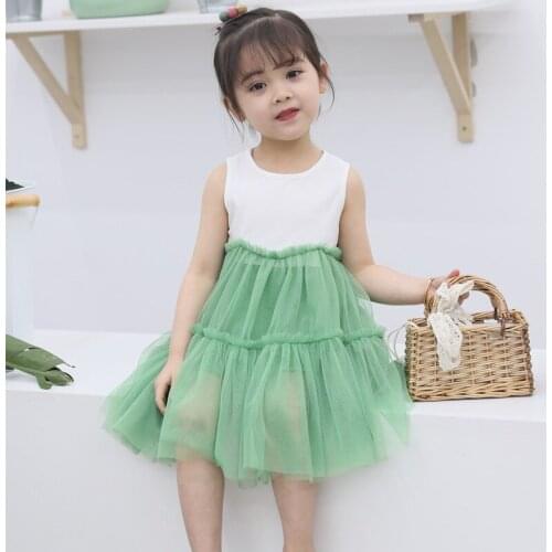 Fashion baby girls cute lace dress solid sleeveless O neck mesh summer green/red children kids casual vestido gxj