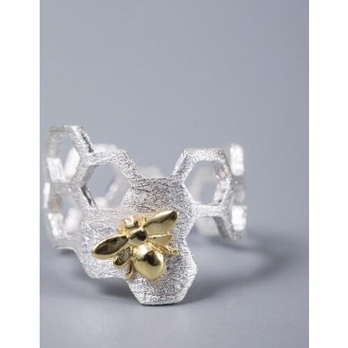 YPAY 100% Authentic 925 Sterling Silver Bee Honeycomb Open Rings for Women INS Fine Jewelry YMR1175