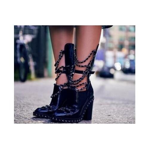 Woman Punk Style Black Patent Leather Silver Chain Ankle Boots Ankle Boots Chunky High Heel Ridding Boots Real Photo