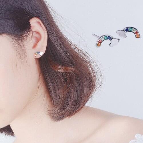 VENTFILLE 925 Sterling Silver Korean Temperament Forest Female Simple and Sweet Inlaid Zircon Rainbow Cloud Earrings