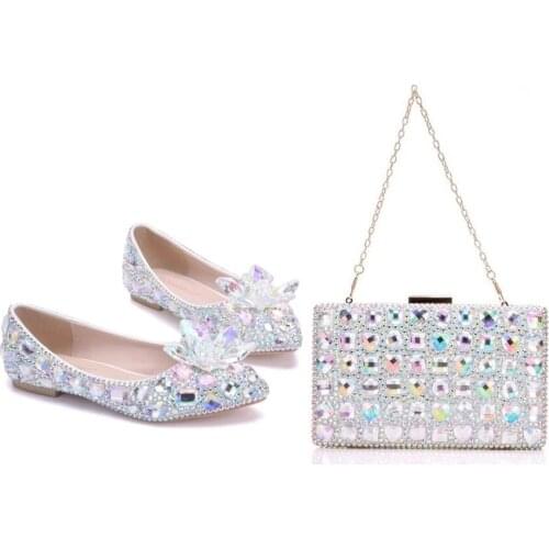 Women Crystal Flower Flat Wedding Shoes With Bag Set AB Shiny Rhinestone Pumps For Bridesmaid Party Dress Shoes Thin High Heels