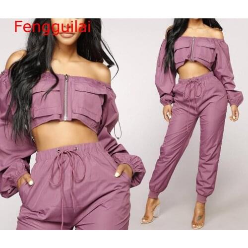 Fengguilai Autumn Women Two Piece Set Long Sleeve Crop Top Pullover Top And Jogging Pants Set Purple 2 Piece Set 2018 Fashion Ou
