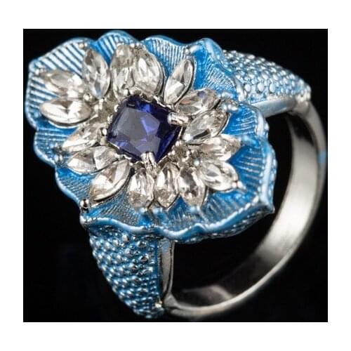 High Qualtiy Luxury Female Blue Stone Ring Elegance Silver Wedding Leaf Flower Ring Promise Love Engagement Rings For Women