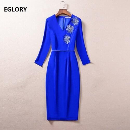 XXXL Dress Vestido 2020 Spring Elegant Party Blue Black Dresses Women V-Neck Crystal Beading Bodycon Sheath Dress Robe Femmes