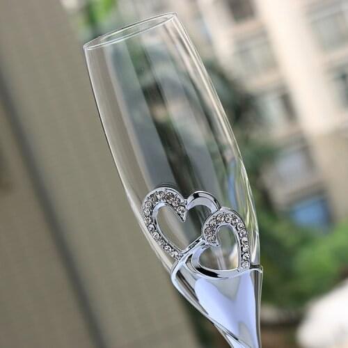 1pair Round New Real Shiny Silver Plated Champagne Flutes Glasses With Double Heart Glass For Weddings Or Party/ Lovers