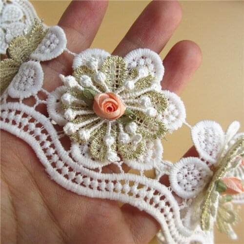 10X Stylish Wave Gold Rose Flower Mesh Embroidered Lace Trim Ribbon African Fabric Handmade Applique Wedding Dress Sewing Craft