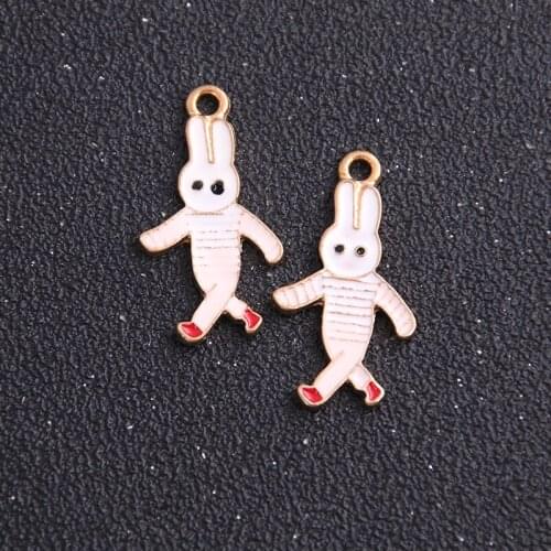 6pcs 17*32mm White Alloy Metal Drop Oil Funny Walk Rabbit Charms Pendant For DIY Bracelet Necklace Jewelry Making