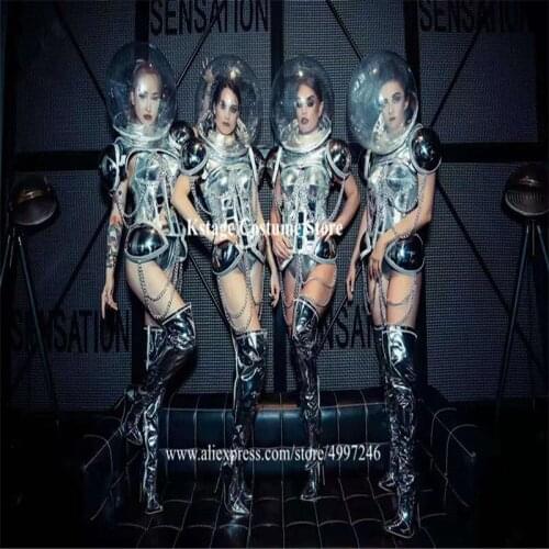 RE79 Space technology armor suit women bodysuit singer perform dress bar model party wears silver outfit dance costume bar cloth