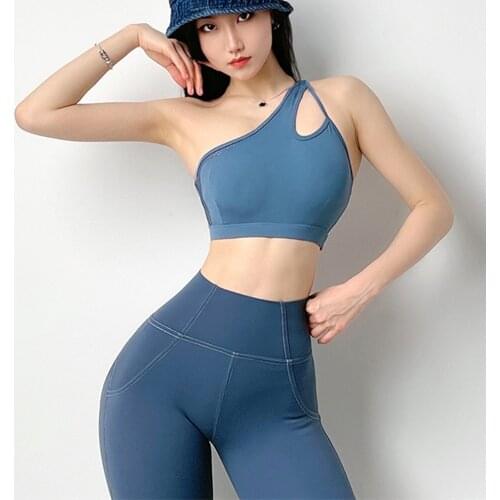 Oblique Shoulder Yoga Bra Nudity Feel Gym Female Running Tops Shockproof Fitness Sport Bras Sexy Mesh Blue Workout Underwear