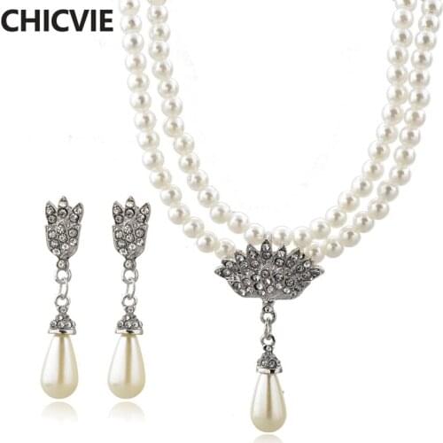 CHICVIE Classic White Imitation Pearl Necklaces Earrings Sets For Women Necklace Earrings Wedding Crystal Jewelry Set SET190010