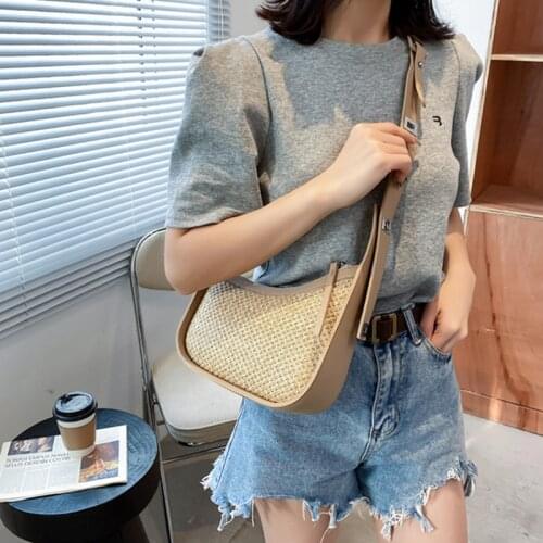Elegant Irregular shape Pearl Fashion Straw Pu Splice Crossbody Bags for Women Designer Handbag Shoulder Messenger Bag Purses