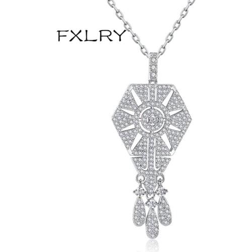 FXLRY New Design Vintage White Color AAA Cubic Zircon Geometric Long Section Necklaces For Women Fashion Jewelry