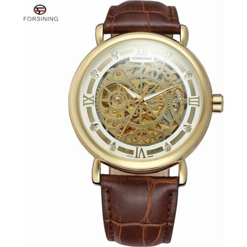 Forsining Classic Retro Design Transparent Golden Case Back Mens Watches Top Brand Luxury Automatic Mechanical Skeleton Watch