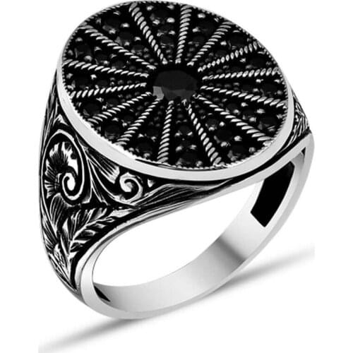 925 Sterling Silver Mini Black Zircon Stones Oval Mens Ring Exclusive Ring for Men Zirconia Ring Gemstone Ring