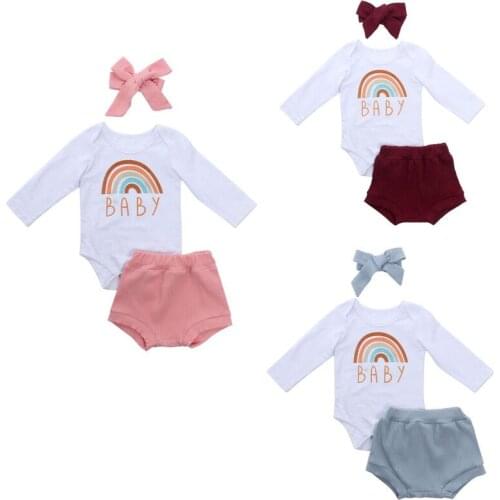 0-24M Autumn Spring Newborn Baby Girls Outfit Rainbow Letter Long Sleeve Button Romper+ Triangle Pants+ Bow Hair Band 2pcs Set