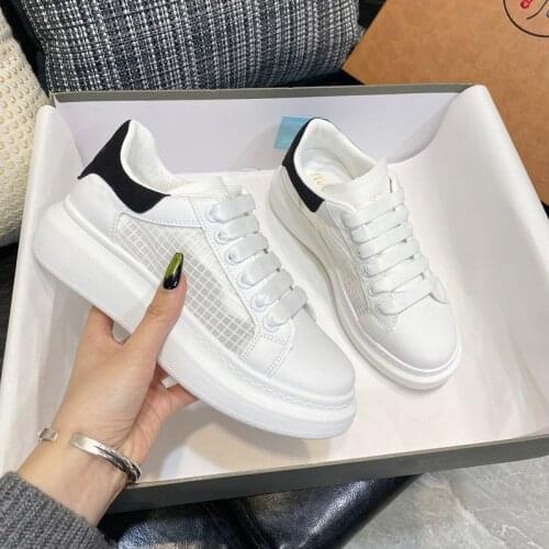 Fashion White Split Leather Women Mesh Chunky Sneakers White Shoes Lace Up Tenis Feminino Platform Women Casual Shoes