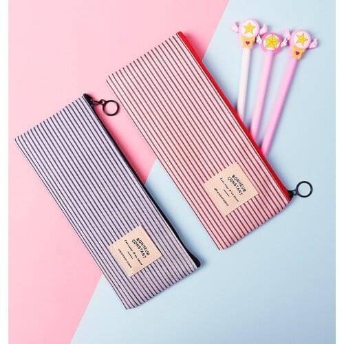 Square Canvas pencil case stripe Stationery bag High capacity Student storage bag school supplies birthday present