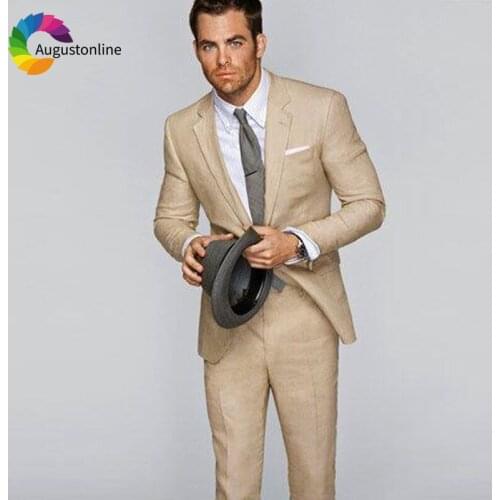 Champagne Slim Fit Linen Men Suits Wedding Groom Tuxedos 2 Pieces (Jacket+Pants) Best Man Bridegroom Suits Blazer Costume Homme