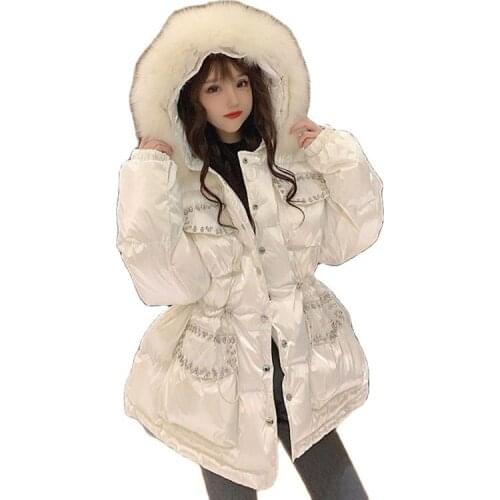 2021 New Winter Womens Thick Big Fur Collar Jacket Korean Fashion Bright Face Long Cotton Parkas Women Loose Hoodies Black Coat