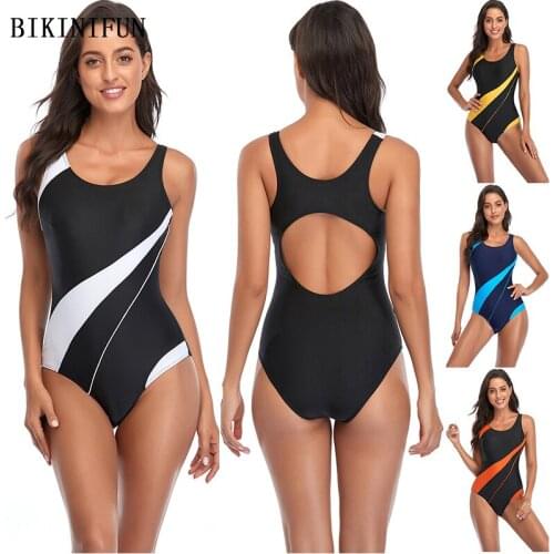 2021 New Striped Print One Piece Suit Women Professional Swimsuit Scoop Neck Beachwear S-2XL Girl Pullover Beauty Back Monokini