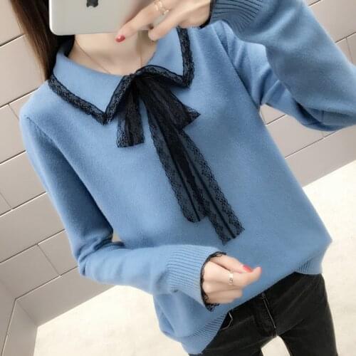 Bow Tie Autumn winter Sweaters Lace Patchwork Turn Down Collar Sweater Women Pullovers New Loose Lazy Knitted Sweater Tops