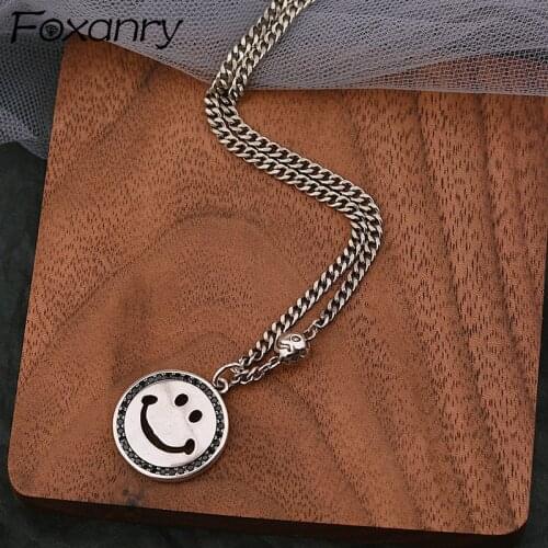 Foxanry 925 Sterling Silver Sweater Necklace New Trend Hip Hop Vintage Charm Zircon Smiley Party Jewelry Gifts Girls Accessories