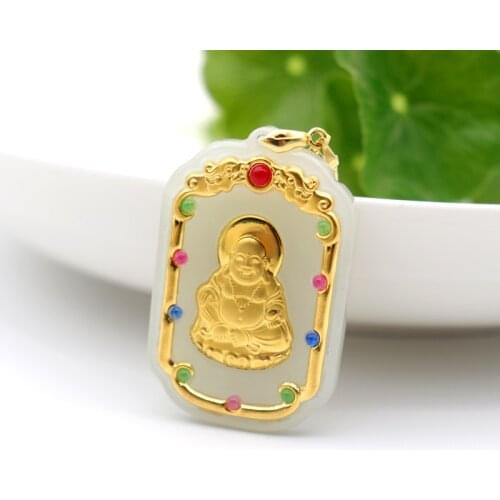 Natural Jade Necklace Inlaid Gold Buddha Maitreya Hetian Jade Buddha Pendant Men Women Hot Sales Gift for Christmas Xmas