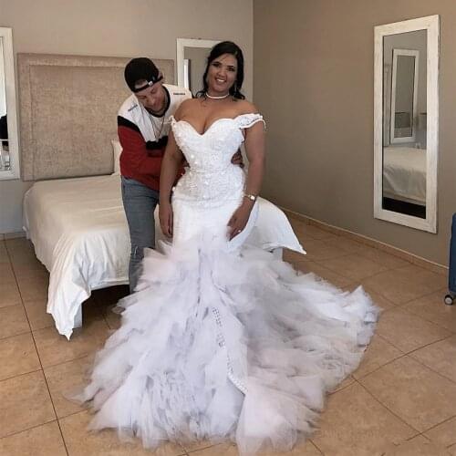Luxury African Plus Size Wedding Dress 2020 robe de mariee Mermaid Crystal Lace Wedding Gowns Off The Shoulder Bridal Dresses