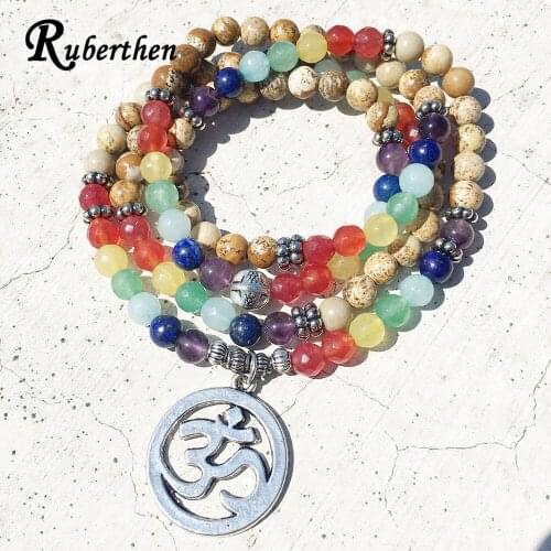 Ruberthen 2017 Fashion 7 Chakra Bracelet 6mm Natural Picture Stone Beads 108 Mala Jewelry Trendy Meditation Yoga Bracelet