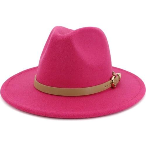 Fashion Unisex Women Men Wool Felt Jazz Fedora Hat with Leather Band Wide Brim Panama Trilby Hat,Red Black Yellow Solid Color