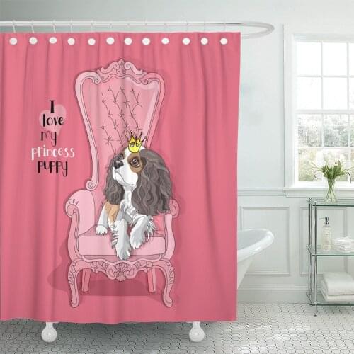 Dog Cavalier King Charles Spaniel Puppy with Princess Crown on Pink Armchair Cute Pet Shower Curtain Polyester 72 x 72 inches