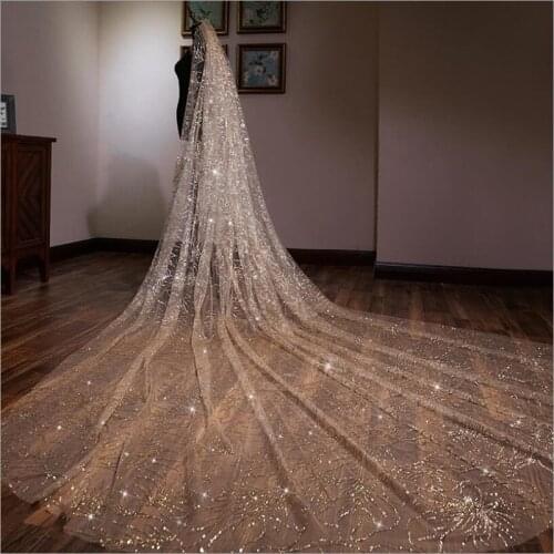 New Princess Wedding Veils with Glitter 3.8M Long Champagne Romantic Wedding Accessories Elegant 1 Layer Bridal Veils with Comb