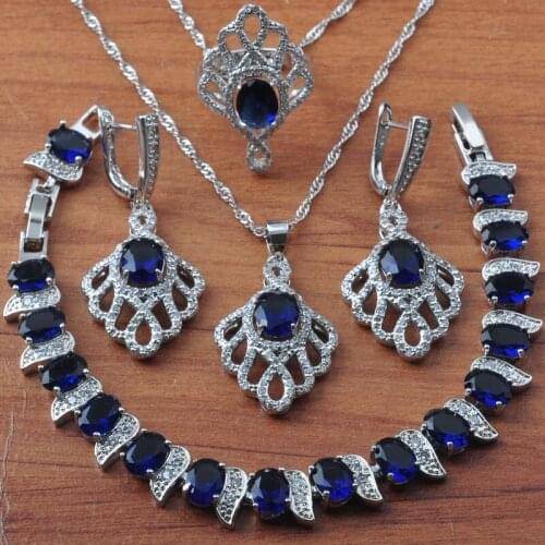 Bridal Wedding Jewelry Jewelry Sets For Women Silver Color Blue Zirconia Earrings Set Rings Bracelet Party Gift JS0625