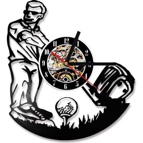 Golf Theme CD Record Clock Playing Golf Man Shape Vinyl Wall Clock Vintage Hanging LED Clock Handmade Hollow Home Decor