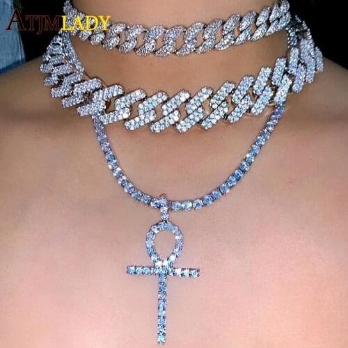 High Quality Women Girl Hip Hop Iced Out Ankh Cross Pendant With 5MM Tennis Chain CZ Cubic Zirconia Pendant & Necklace Jewelry