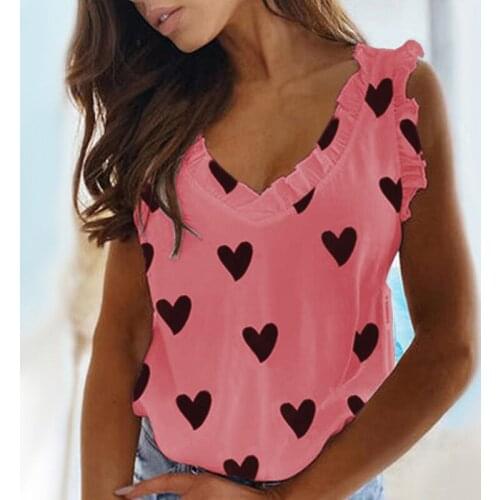 Women Fashion Heart Print V-Neck Ruffled Pleat Sleeveless T-Shirt 2021 Summer Casual All-Match Vest Tops Elegant Ladies Clothing