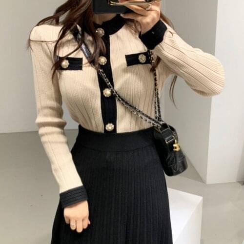 Chic French Autumn Winter New Womens Set 2 Pieces O Neck Full Slim Knitted Sweater Cardigan Coat Pleated Skirt Retro