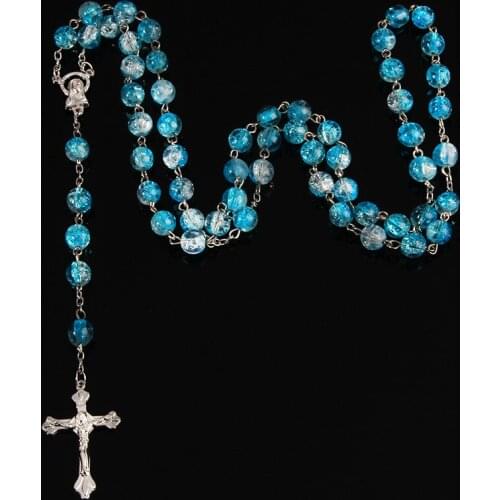 8mm Colored Glass Rosary Pendant Necklace Alloy Cross Virgin Mary Center Catholic Christian Religious Jewelry