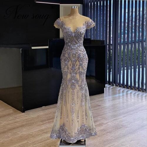 Arabic Sheer Neck Beaded Evening Dresses Dubai Party Dress Robe De Soiree 2020 Handmade Formal Prom Gowns Middle East Celebrity