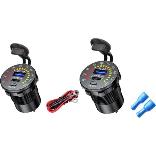 Car Motorcycle Boat USB Charger Power Socket USB Type C Fast Charging Adapter with LED Streamlight Voltmeter On/Off Switch
