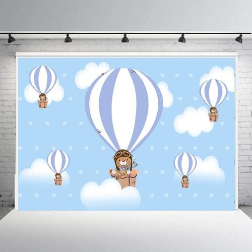 BEIPOTO Blue Hot air balloon backdrops sky cloudy Teddy pilot boys birthday party decor background photo photography vinyl B-856