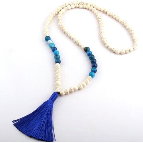 Free Shipping Bohemian Jewelry Fashion Beautiful White & Blue Stone Tassel Necklace