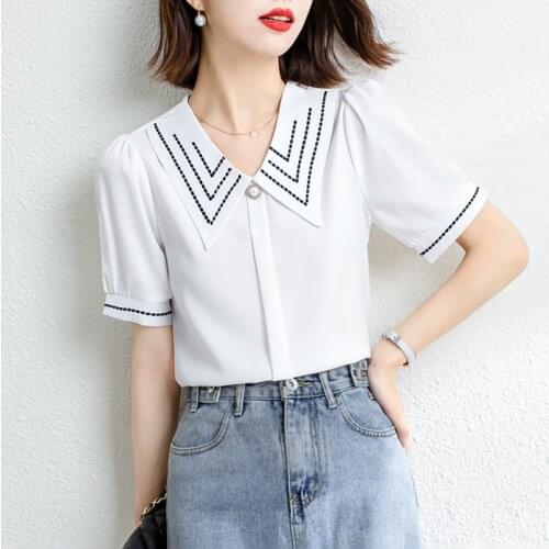 Short Sleeve Blouse Tops Blouse Women Blusas Mujer De Moda 2021 Embroidery Peter pan Collar Chiffon Blouse Shirt Women Blouses