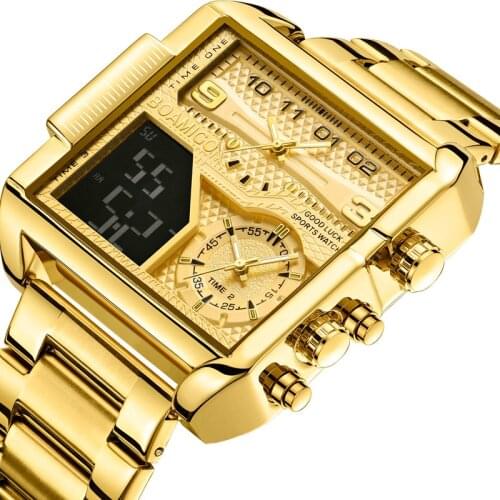 BOAMIGO 2021 New Top Brand Luxury Fashion Men Watches Gold Stainless Steel Sport Square Digital Analog Big Quartz Watch for Men