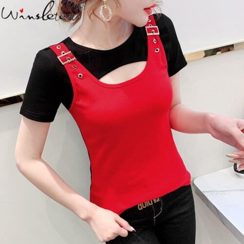 Summer European Style T-Shirt Girls Fashion Sexy Hollow Out Contrast Color Fake Two Pieces Women Tops Short Sleeve Tees T14414A