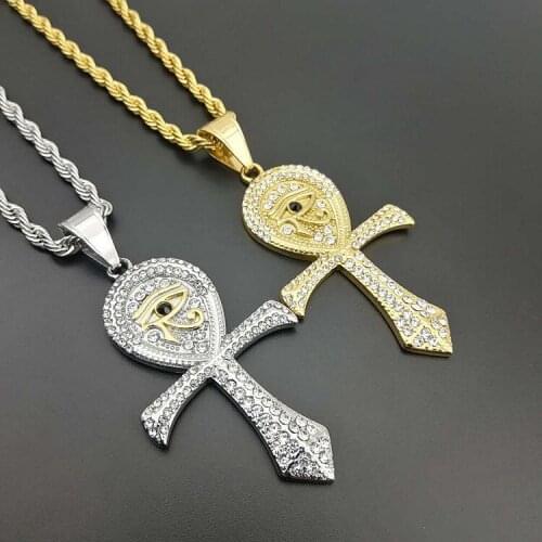 Hip Hop Gold Color 316L Stainless Steel Egyptian Eye of Horus Cross Ankh Necklaces Pendant With Rope Chain Rhinestone Jewelry